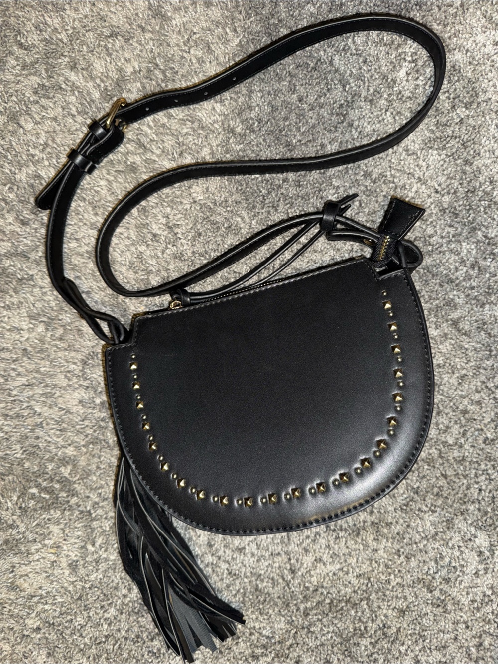 Black Studded Half-Moon Crossbody Bag with Tassel
